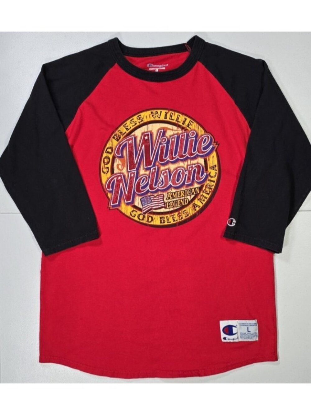 Willie Nelson American Legend Red/Black Champion Raglan Baseball Tee Shirt Men L